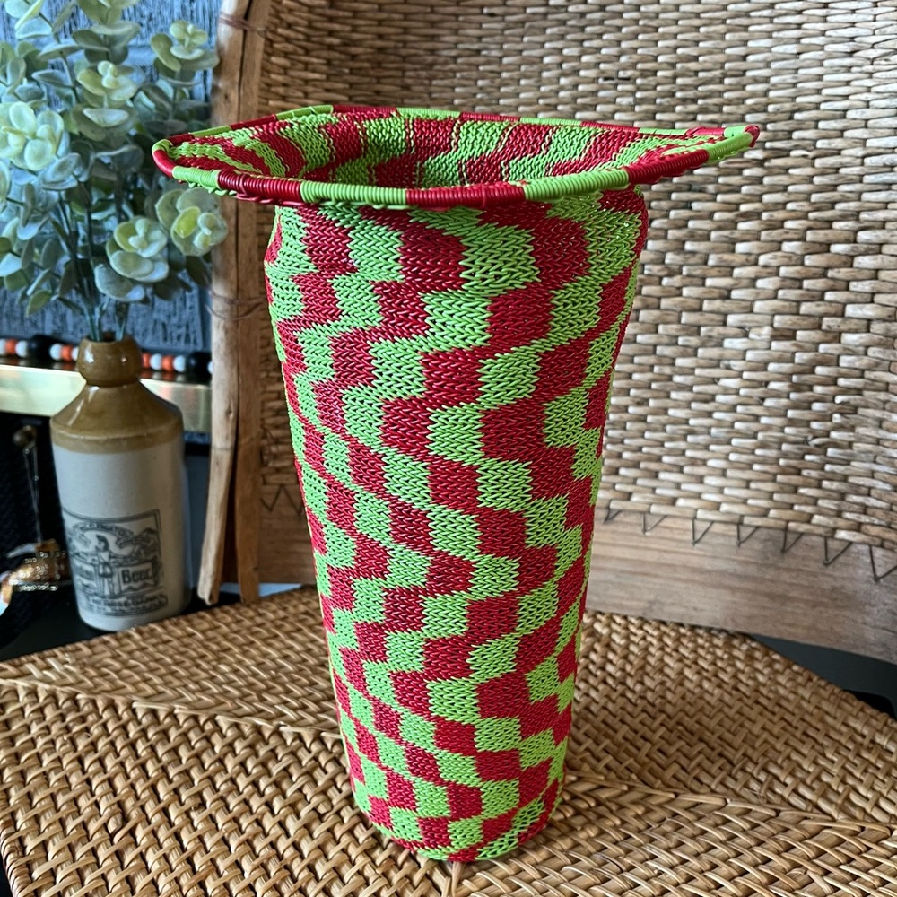 Handmade Zulu Telephone Wire Vase Woven African Artisan Green Red 11” Africa Art